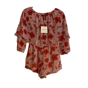 𝅺MISSGUIDED Romper US Sz 4 Floral Off-Shoulder Shorts Chiffon Pink Red NWT fairy
